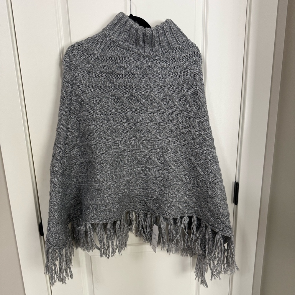 Gray Cable Knit Turtleneck Sweater Poncho